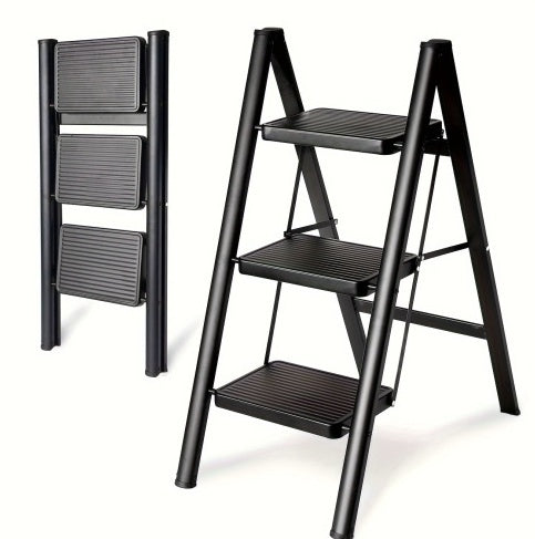3 Step Ladder Aluminum Light Folding Step Bench Wide Non Slip Pedal 300 Lb Capacity Home Office Portable Ladder Black
